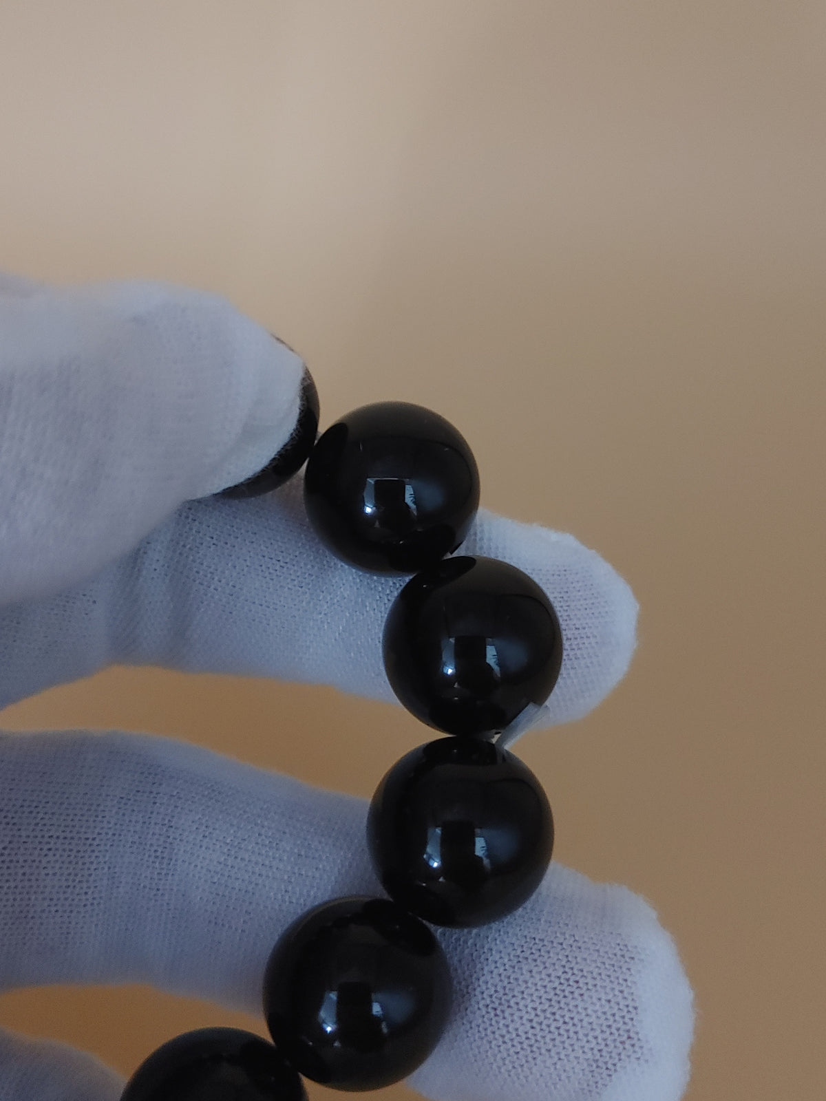Midnight Black 12.4 mm Obsidian Bracelet (#B901) — polished bead close-up