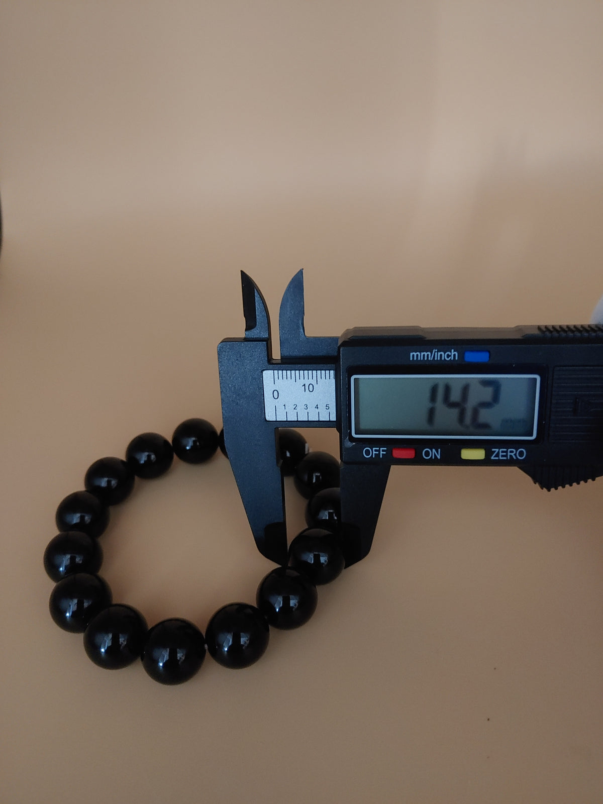 Midnight Black 12.4 mm Obsidian Bracelet (#B901) — 12.4 mm bead measurement by digital caliper
