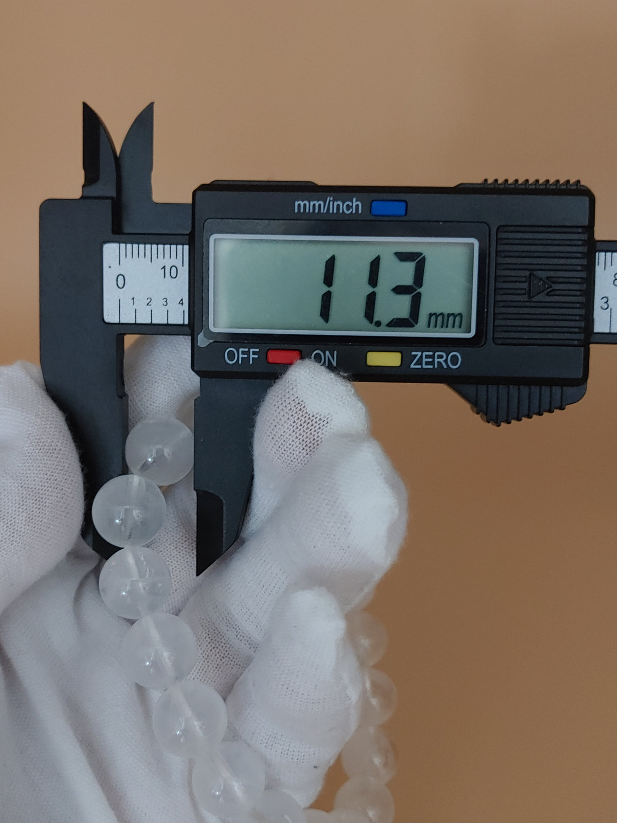 White Phantom 11.3 mm Quartz Bracelet (#B904) - 11.3 mm bead measurement by digital caliper