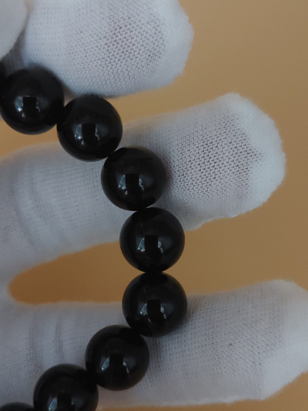 Jet Black 10.3 mm Obsidian Bracelet (#B905) - close-up bead detail 1