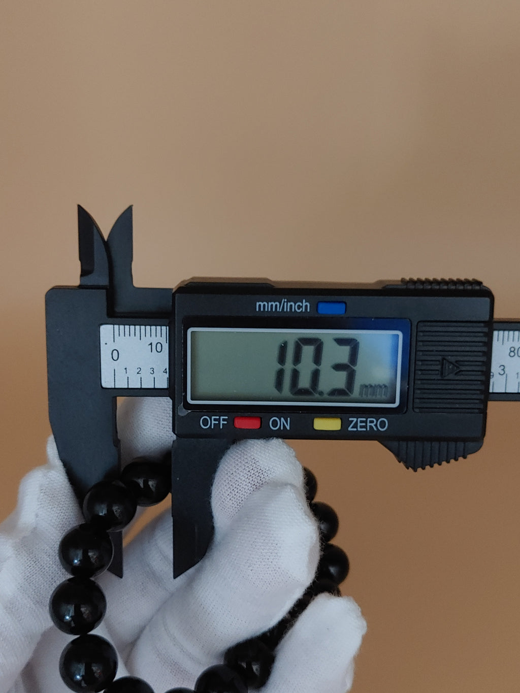 Jet Black 10.3 mm Obsidian Bracelet (#B905) - 10.3 mm bead measurement by digital caliper