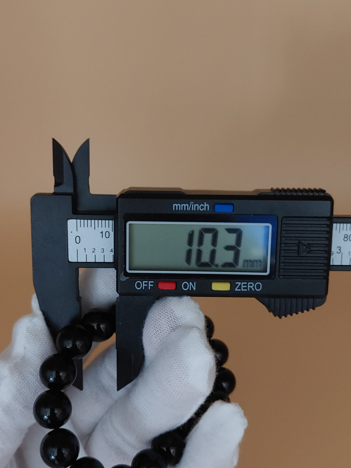 Jet Black 10.3 mm Obsidian Bracelet (#B905) - 10.3 mm bead measurement by digital caliper