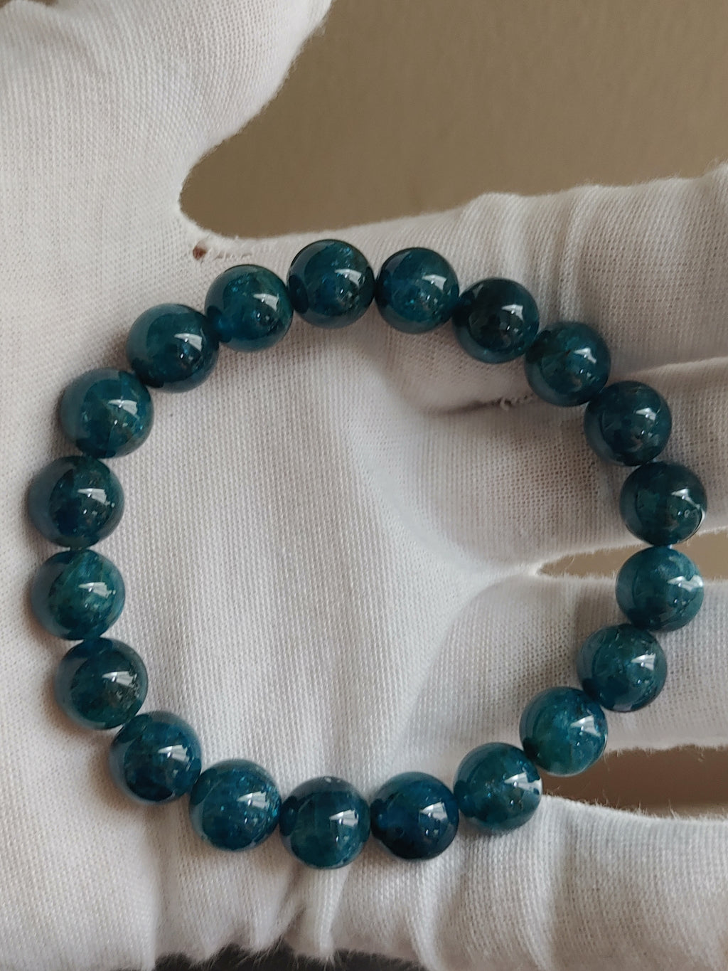 Deep Teal 9.7 mm Blue Apatite Bracelet (#B909) - close-up bead detail 1