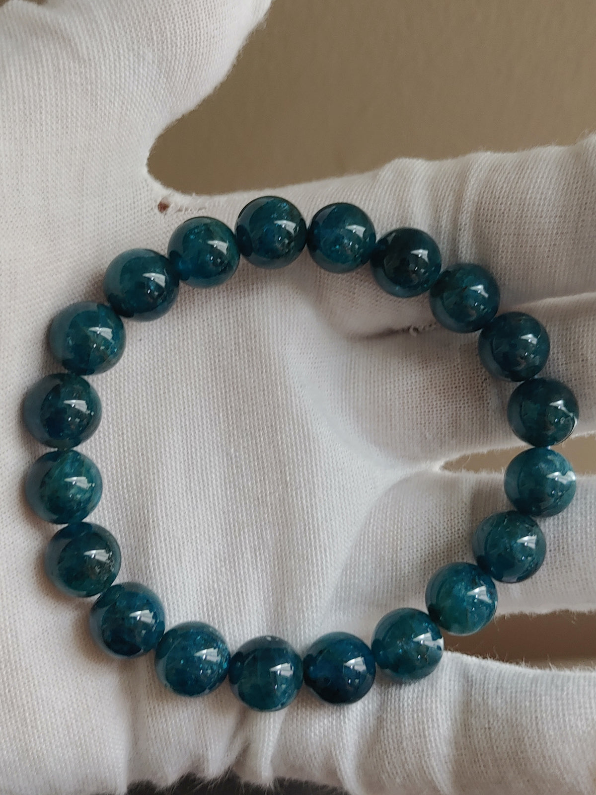 Deep Teal 9.7 mm Blue Apatite Bracelet (#B909) - close-up bead detail 1
