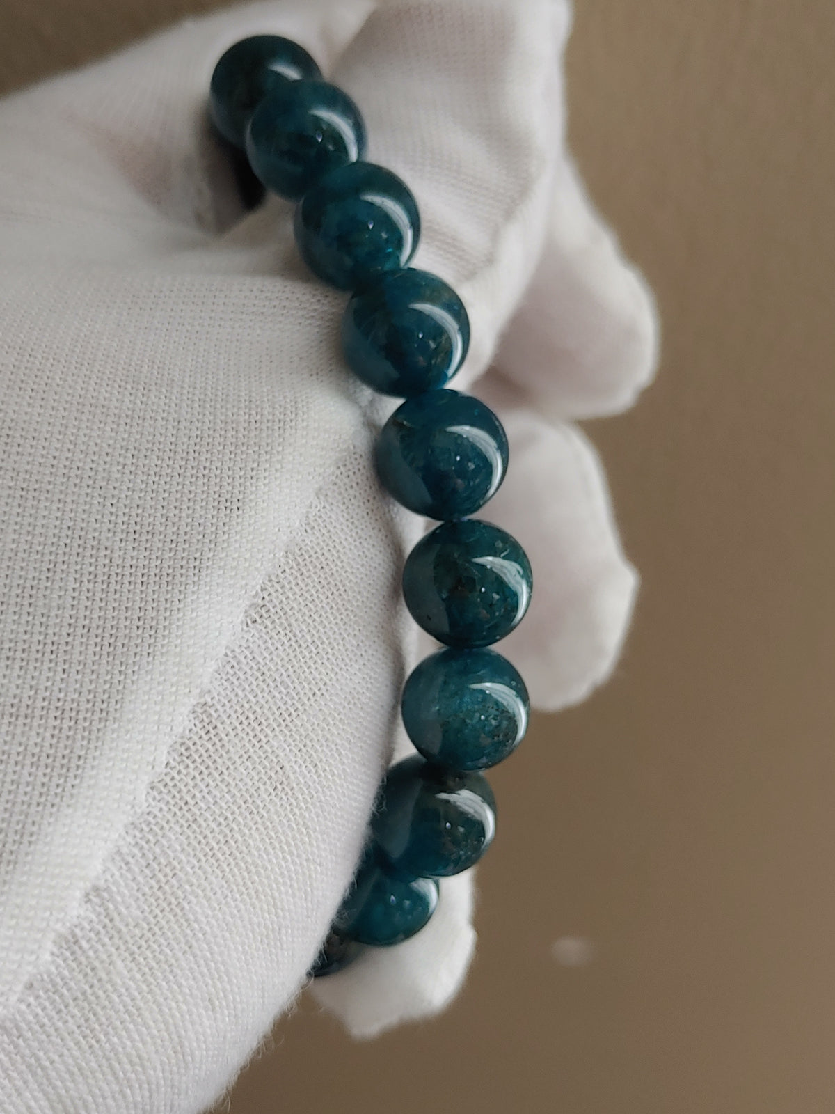 Deep Teal 9.7 mm Blue Apatite Bracelet (#B909) - close-up bead detail 2