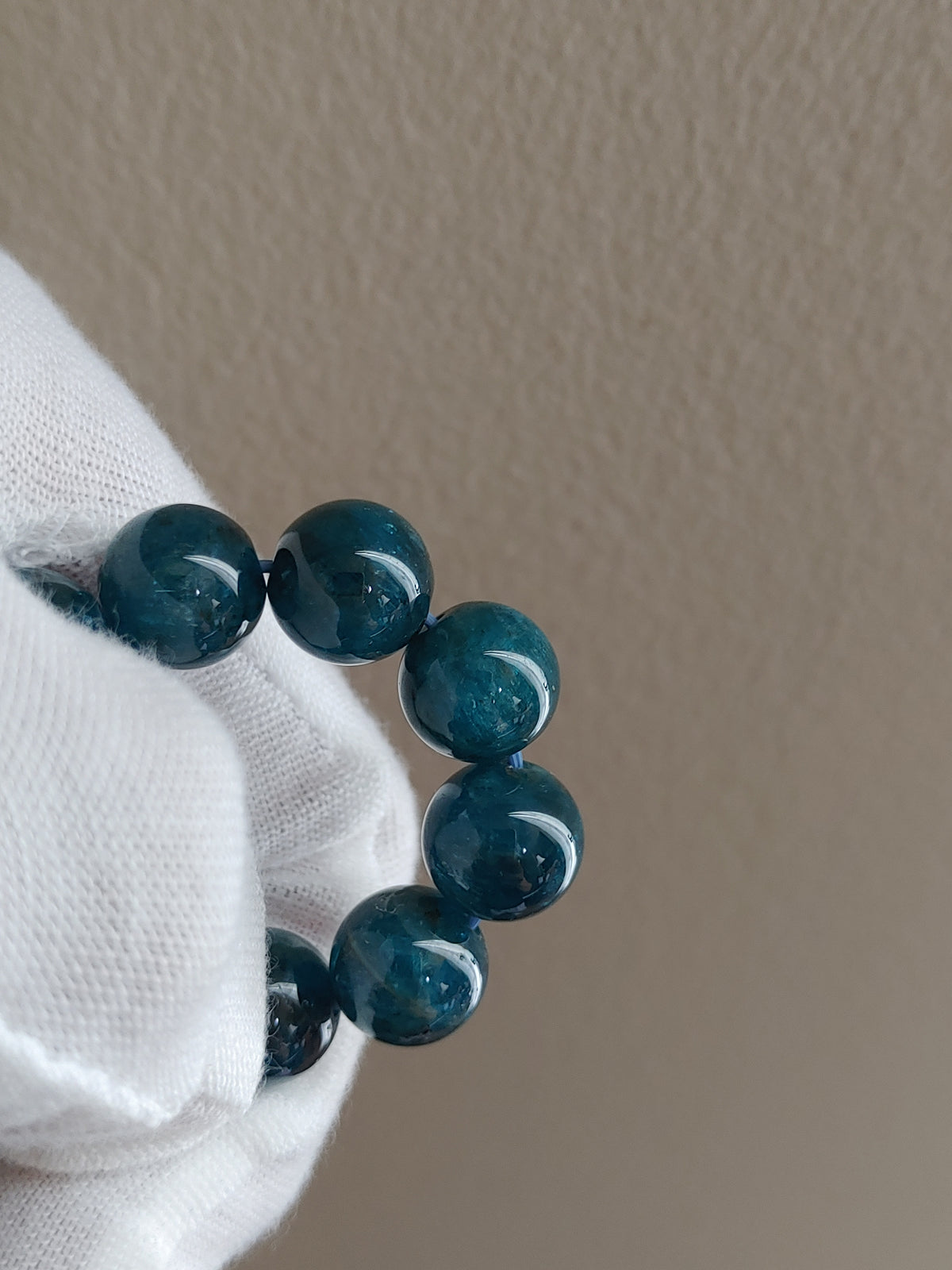 Deep Teal 9.7 mm Blue Apatite Bracelet (#B909) - close-up bead detail 3