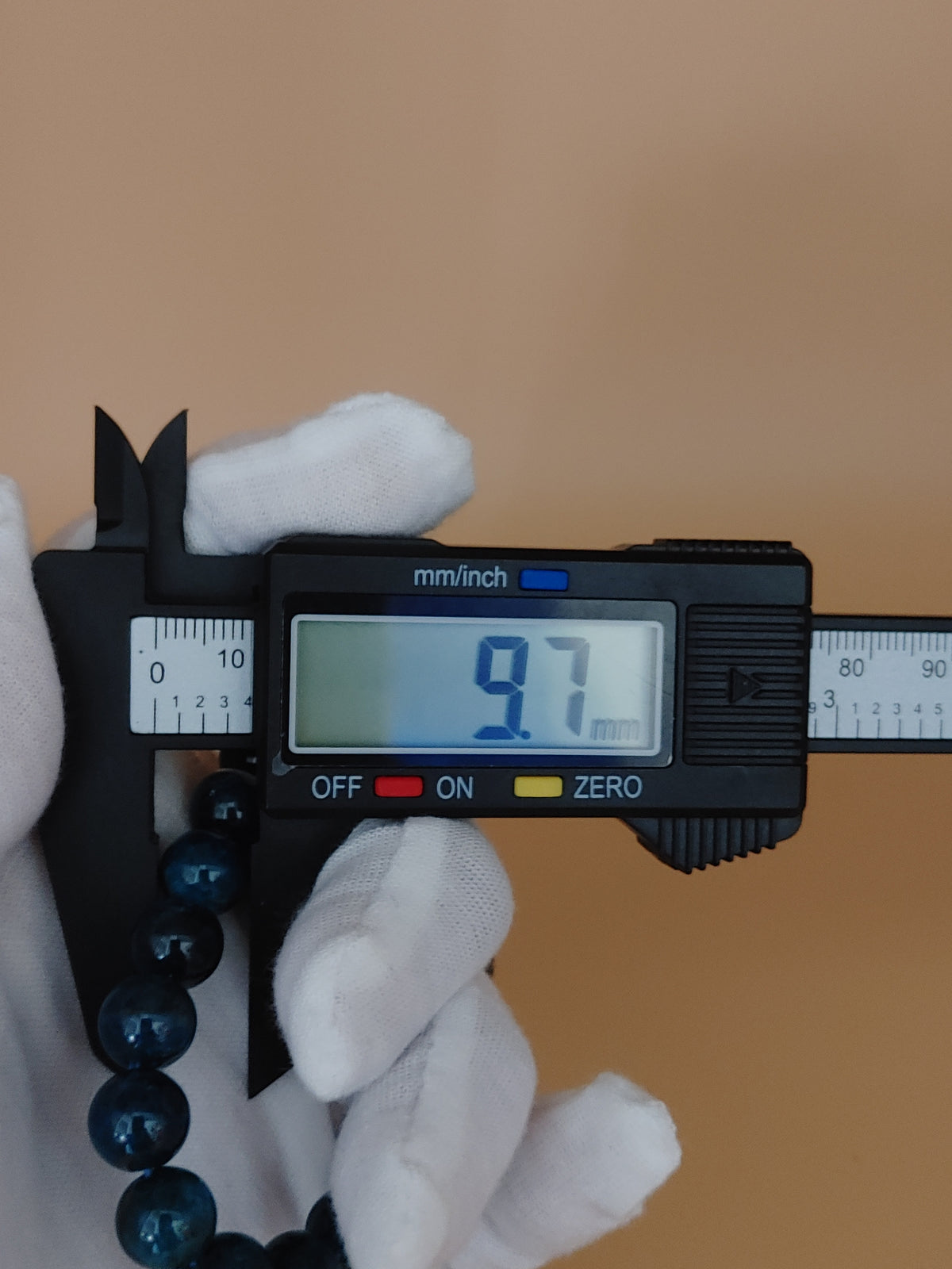 Deep Teal 9.7 mm Blue Apatite Bracelet (#B909) - 9.7 mm bead measurement by digital caliper