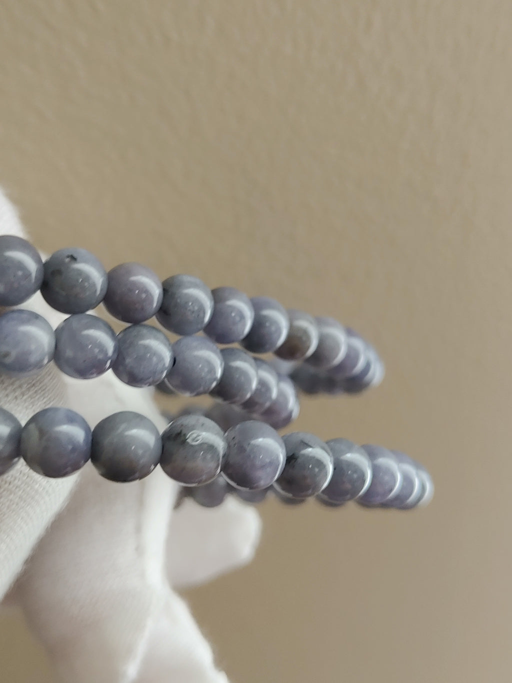 Grey-Lavender 6.3 mm Iolite Triple-Wrap Bracelet (#B910) - close-up bead detail 1